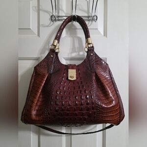 Brahmin Elisa Hobo Bag Crocodile Embossed Leather Satchel Bag Red Brown